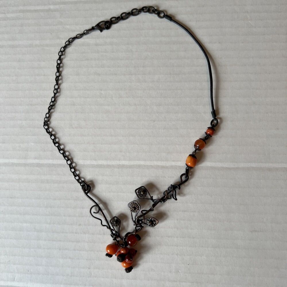 Metal Wirework Necklace Natural Stone Ball Beads Hand made Bohemian Artisanal